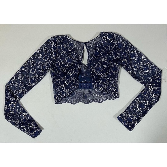 Navy Blue Floral Lace Long Sleeve Bra-Top Bralette Brassiere Lingerie Size S 💙 - Picture 6 of 7